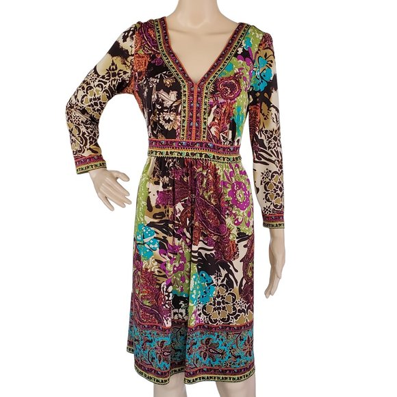 Floral Boho Dress Women's S Knit Stretch V Neck Tie Long Sleeve Brown & Purple - Picture 5 of 13